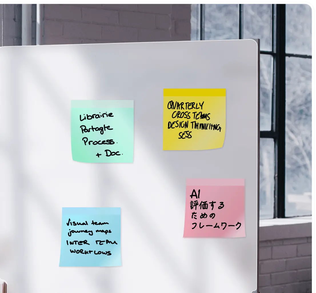 the corner of a whiteboard with sticky notes