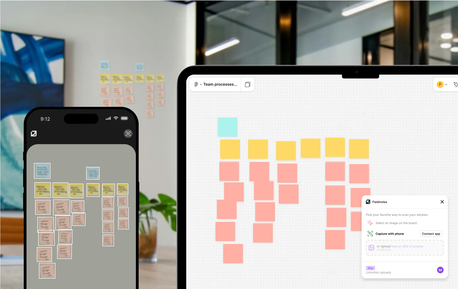 a mobile application with a picture of a wall and sticky notes transformed and created in FigJam